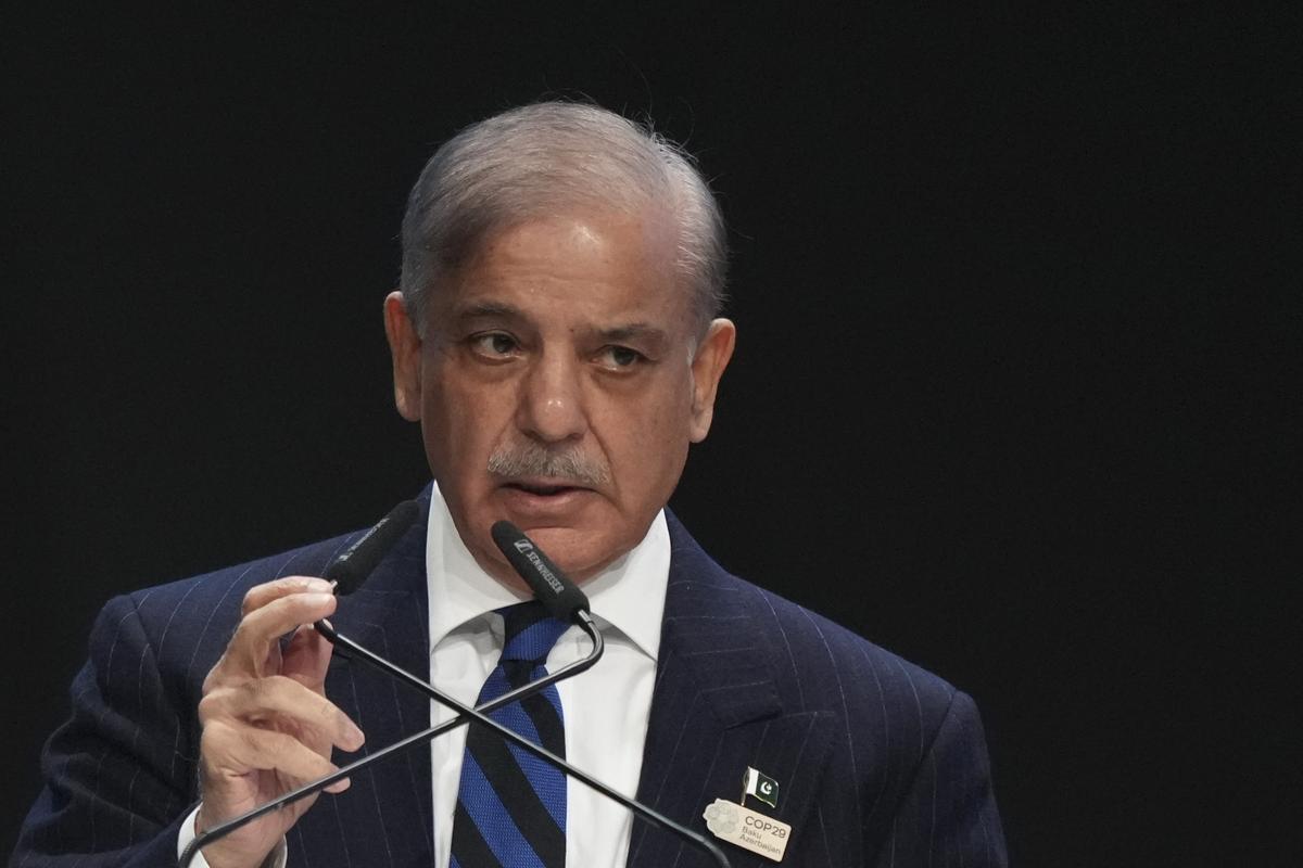 Pakistan Prime Minister Shehbaz Sharif speaks during a plenary session at the COP29 U.N. Climate Summit, Wednesday, Nov. 13, 2024, in Baku, Azerbaijan. 