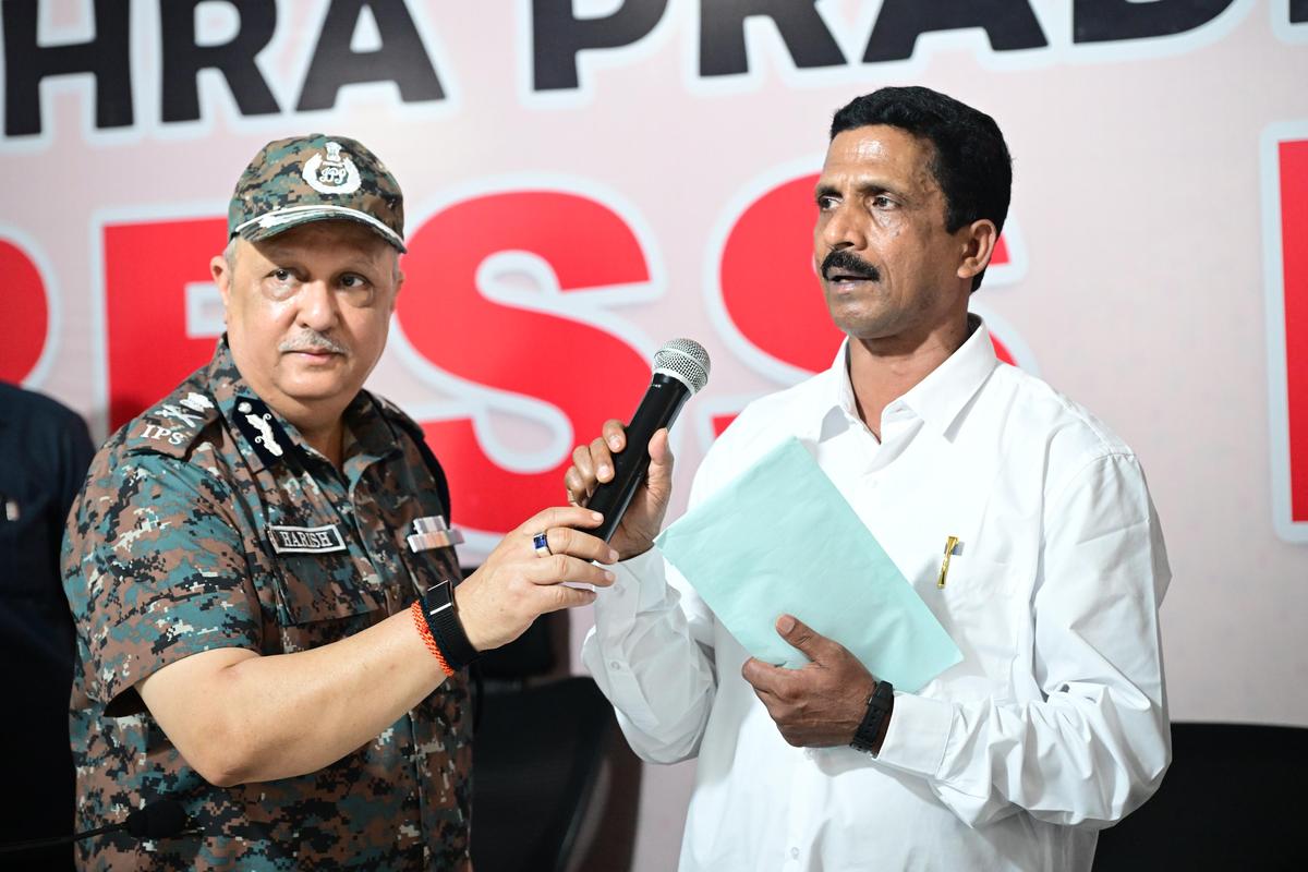 Senior Maoist commander Chelluru Narayana Rao, alias Somanna, addresses the media after surrendering before Andhra Pradesh Police in Vijayawada on Monday (March30).