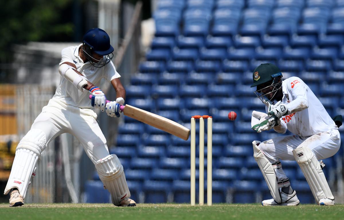 Tamil Nadu batter S. Ajith Ram in action against Bangladesh XI on the fourth day of the Test match at the MA Chidambaram Stadium, Chepauk, in Chennai on Friday. 