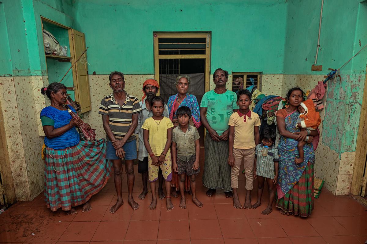 Nagapattinam, Tamil Nadu, 29/11/2025: A section of Kattu Nayakkar families living inside an abandoned government veterinary hospital building in Vaimedu near Vedaranyam struggle without basic amenities, facing rainwater leakage and a three-day power cut. Photo: R Vengadesh / THE HINDU
