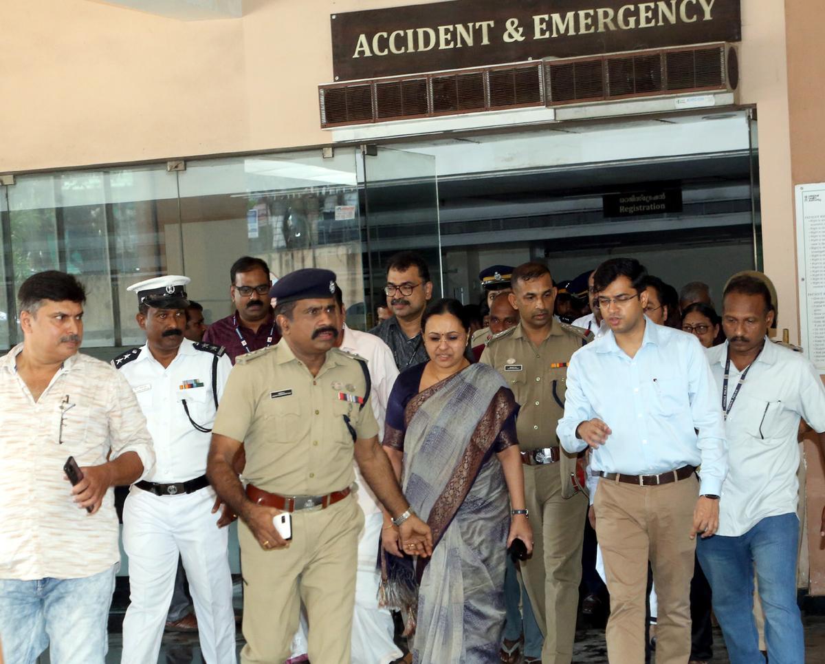 Health Minister Veena George came out from the PMSSY neighborhood of the Government Medical College Hospital in Kozhikode on Saturday. 