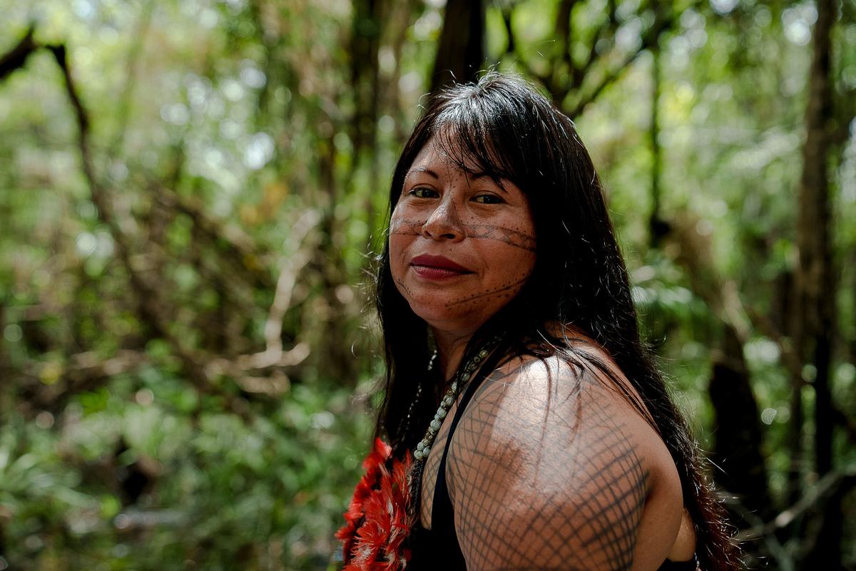 Alessandra Korap Munduruku, 2023 Goldman Environmental Prize winner for Brazil, poses for a photograph in an undisclosed area in the Amazon, Brazil, 2023. The Munduruku tribe has organised resistance against large infrastructure projects like the Belo Monte dam complex and illegal gold mining in the Tapajós basin, and has protected river ecosystems and the forest.