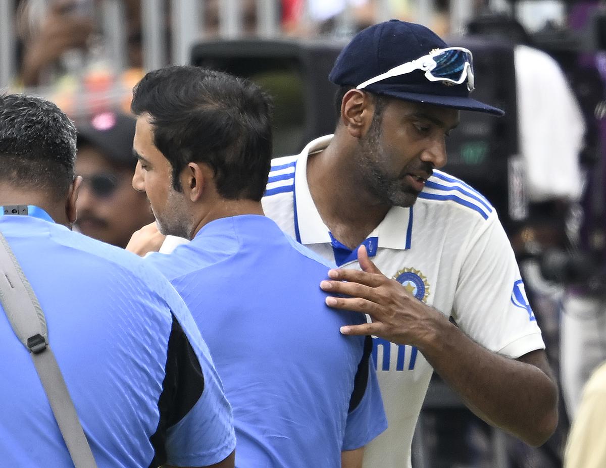 Head coach Gautam Gambhir greets R. Ashwin after India winning the first Test against Bangladesh in Chennai on September 22, 2024.