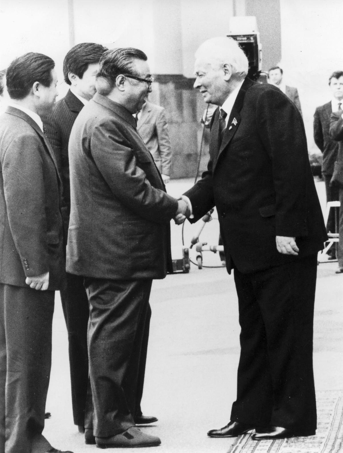 In this photo provided by the North Korean government, North Korean leader Kim Il Sung shakes hands with Konstantin Chernenko, general secretary of the Communist Party of the Soviet Union, in Moscow, Russia, on May 23, 1984. 