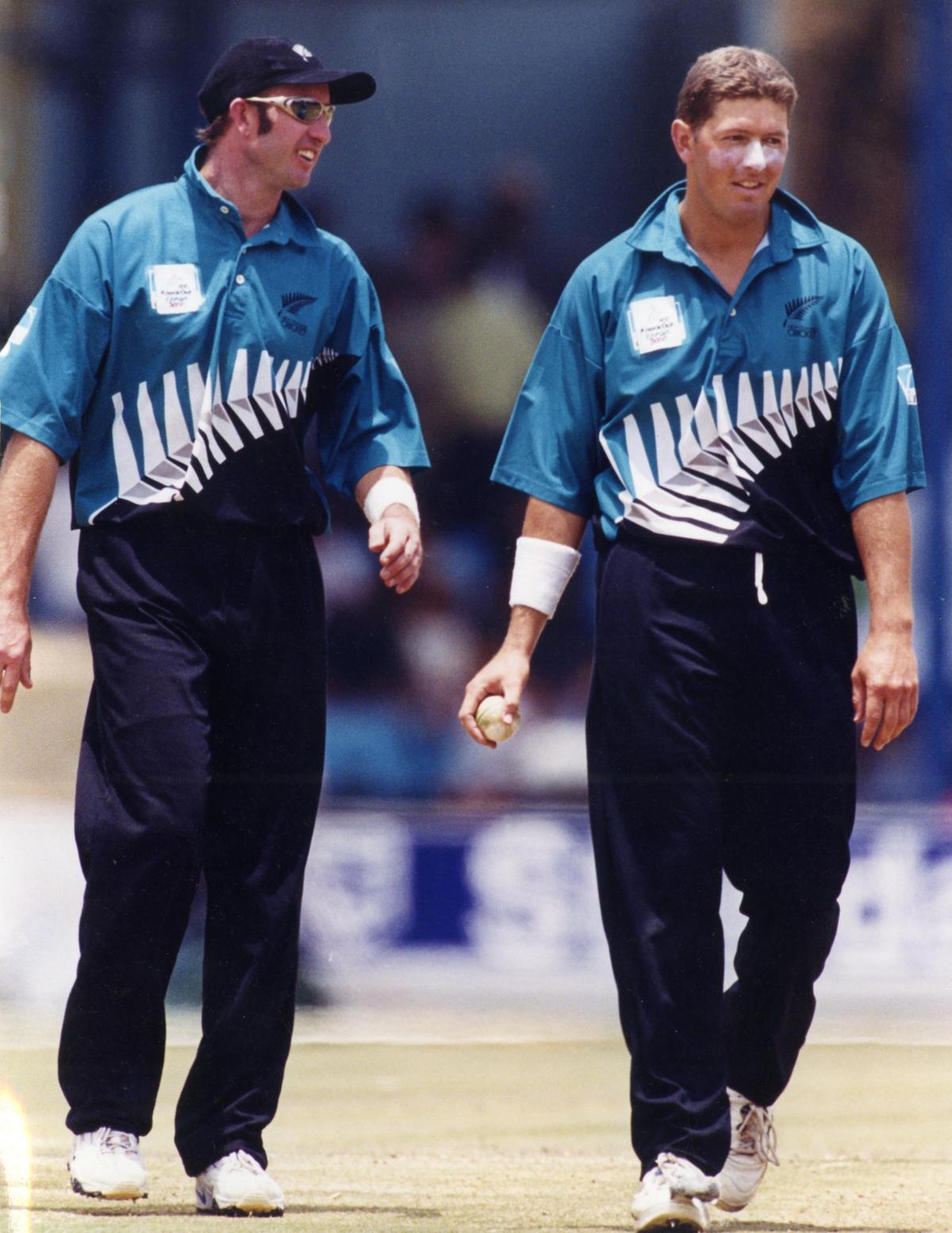 Chris Harris and Geoff Allot of New Zealand were seen in a midwicket conversation in the final of ICC KNOCKOUT 2000  One Day International (ODI) cricket match between India and New Zealand held at Gymkhana Club Ground, Nairobi on October 15, 2000.