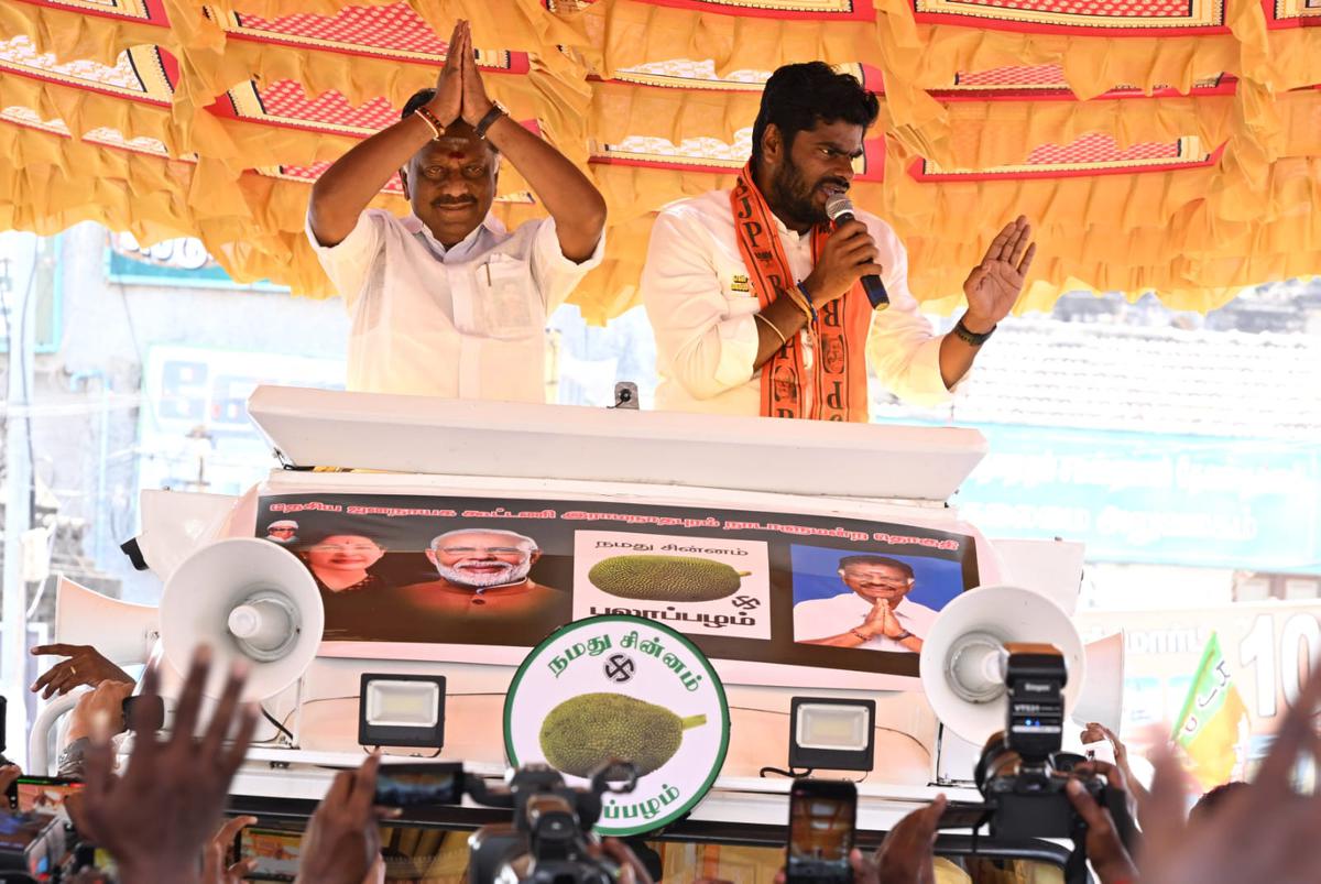 T.N. BJP president K. Annamalai campaigning for O. Panneerselvam in Ramanathapuram on Saturday, April 13, 2024