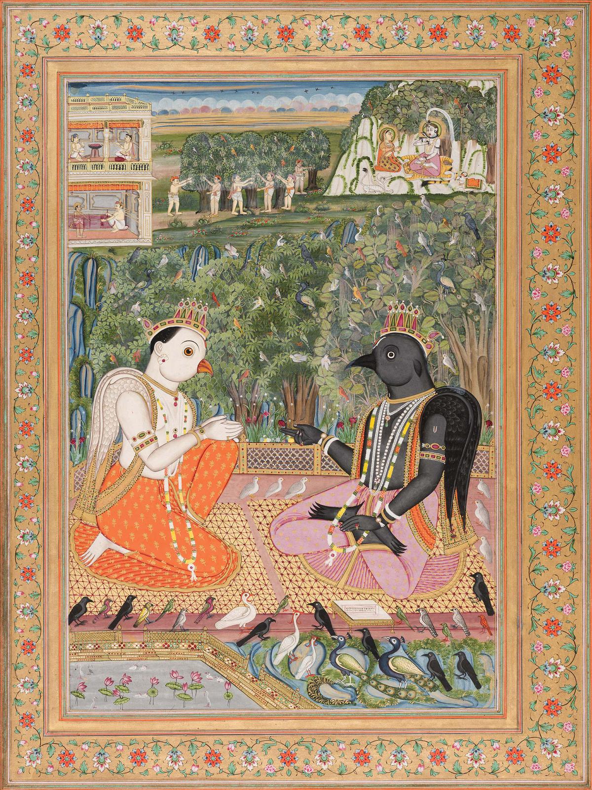 Kaka Bhushundi Narrates His Own Story to Garuda
1814 Style D, Artists from the second wave of migrations from Jaipur, perhaps assisted by local painters.