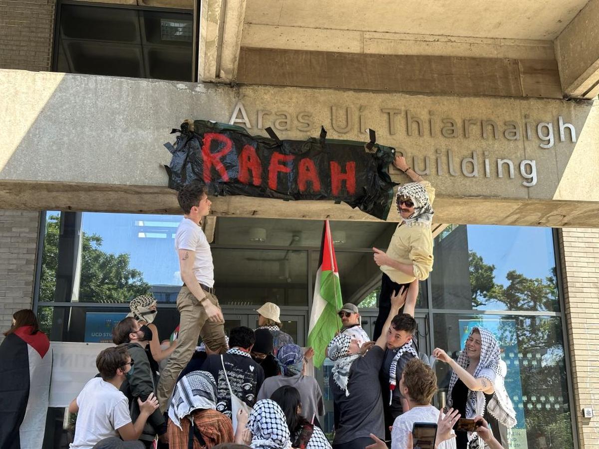Pro-Palestinian students take part in an encampment to protest against Israeli attacks over Gaza at the University College Dublin in Ireland, May 2024. Pro-Palestinian students take part in an encampment to protest against Israeli attacks over Gaza at the University College Dublin in Ireland, May 2024.
