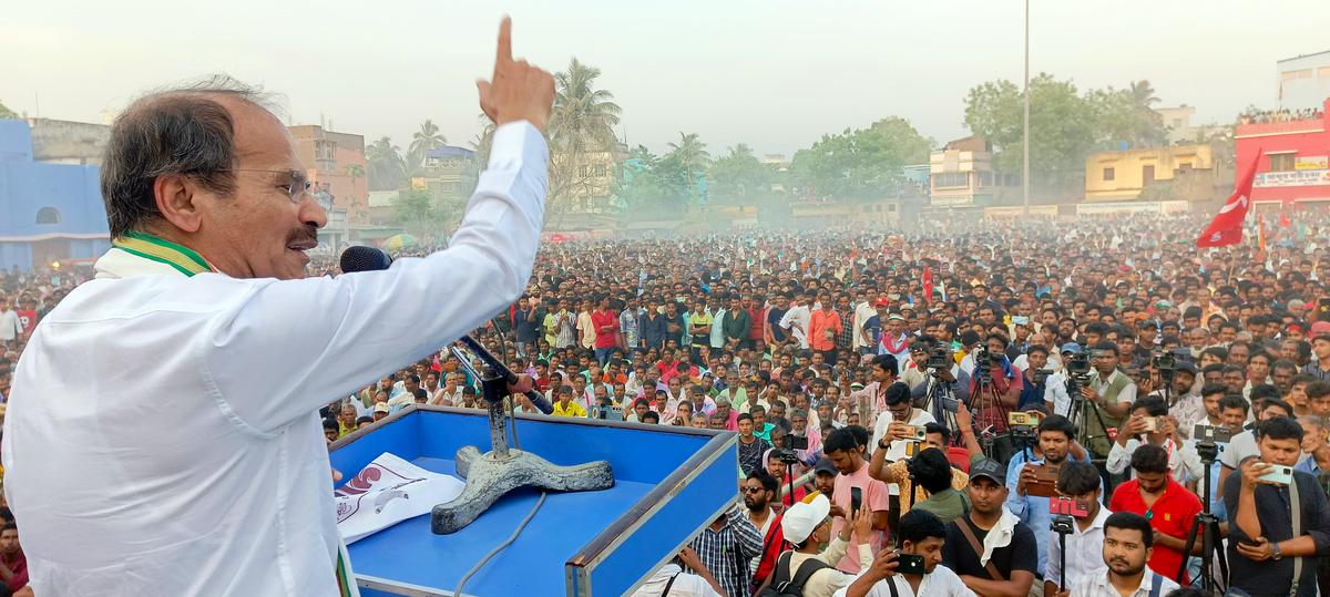  Congress candidate for Baharampur, Adhir Ranjan Chowdhury addresses the crowd during the public meeting ahead of the third phase of polling in the Lok Sabha Polls, in Murshidabad on April 27. 