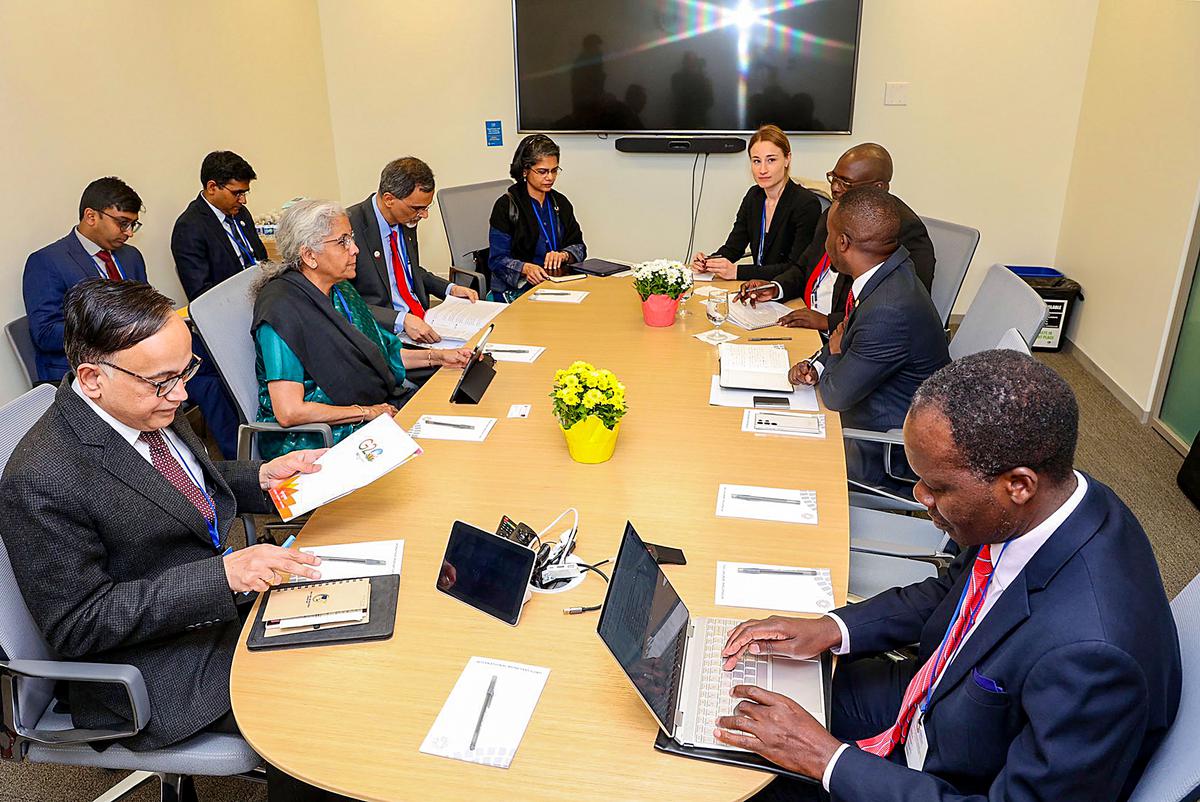 Union Finance Minister Nirmala Sitharaman with Minister of Finance and Economic Affairs of the Republic of Malawi Sosten Gwengwe during a delegation-level meeting on the sidelines of the World Bank-IMF Spring Meetings 2023, in Washington D.C on April 10, 2023.