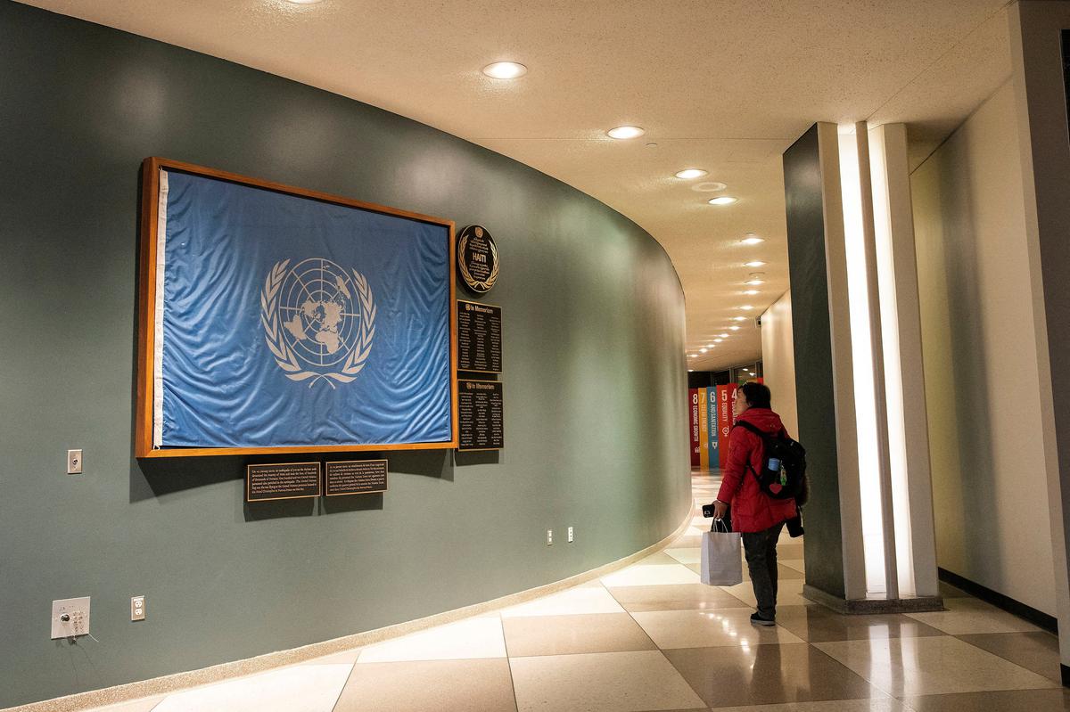 A woman visits the United Nations headquarters, while Security Council delegates postponed for an additional day voting on a proposal calling on Israel and Hamas to allow aid to reach the Gaza Strip via land, sea and air routes and to establish United Nations monitoring of the Strip.  Humanitarian aid, at the United Nations headquarters in New York, United States, on December 20, 2023.  