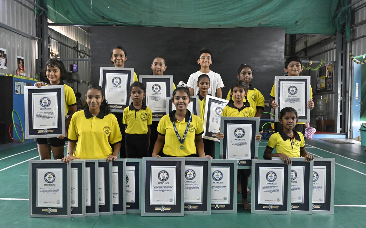 Students of ‘Chennai Hoopers’, a hula hooping school, with their Guinness World Records.