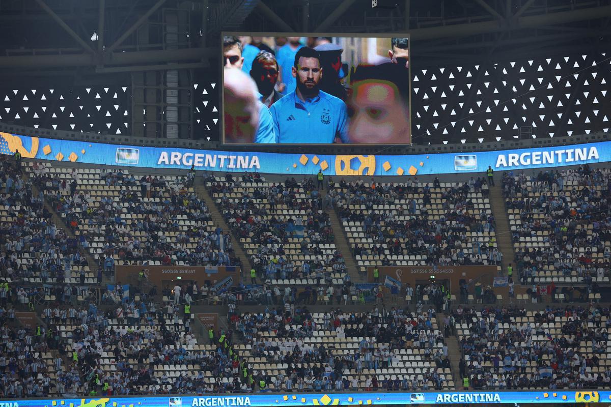 Argentina’s Lionel Messi is displayed on a big screen inside the stadium before the match.