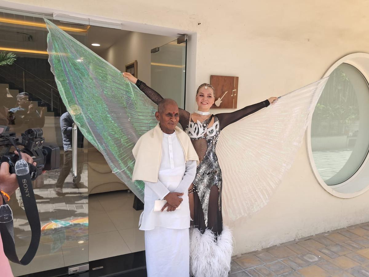 Ilaiyaraaja with one of the Russian dancers outside his studio on February 2, 2025. Ilaiyaraaja with one of the Russian dancers outside his studio on February 2, 2025.