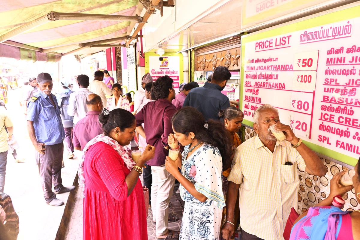 Customers at the Famous Jigarthanda shop, Kamarajar Salai in Madurai