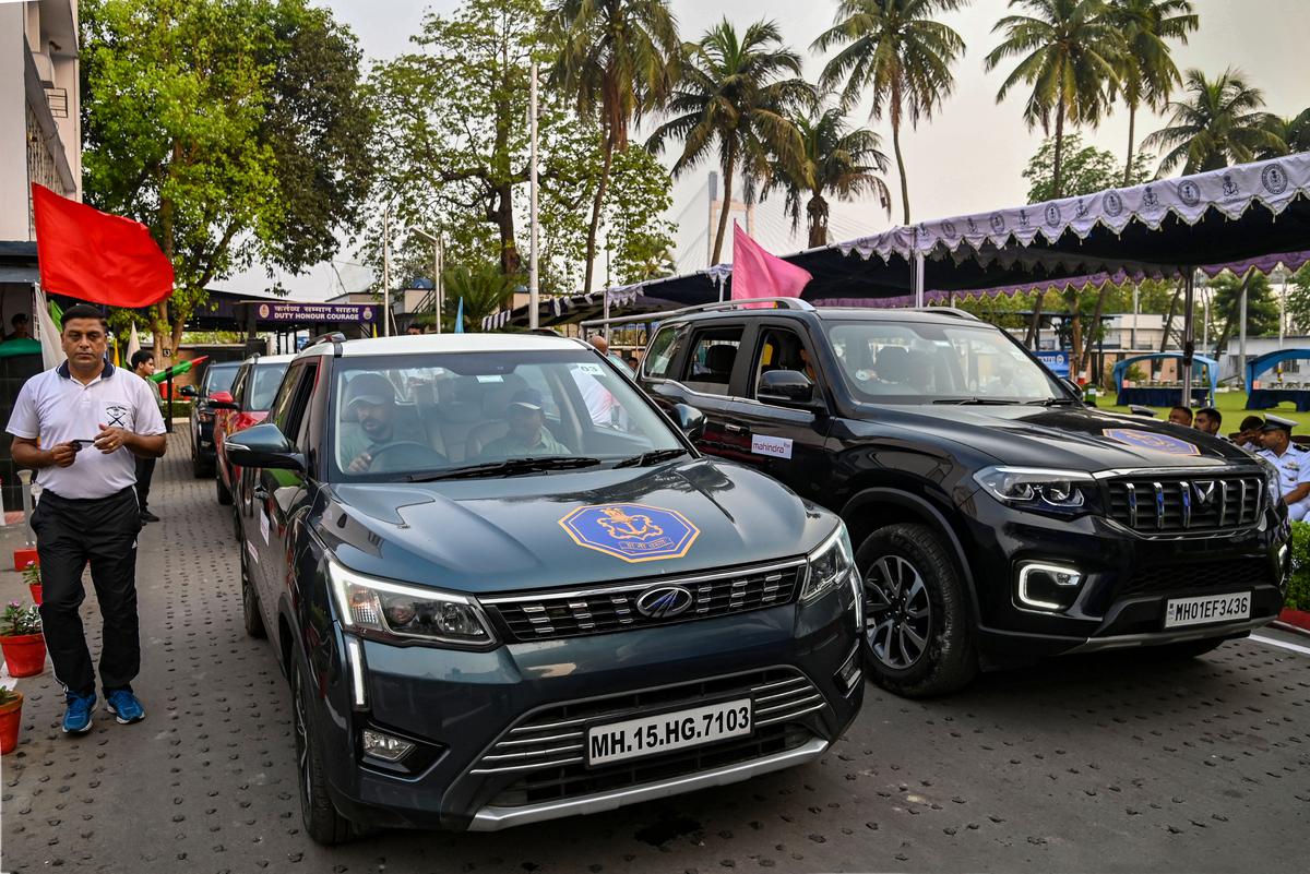 Cars parked during the opening ceremony of the 'Sam no Varunah' Coastal Car Rally organized by the Navy at INS Netaji Subhash in Kolkata, Sunday, March 26, 2023.