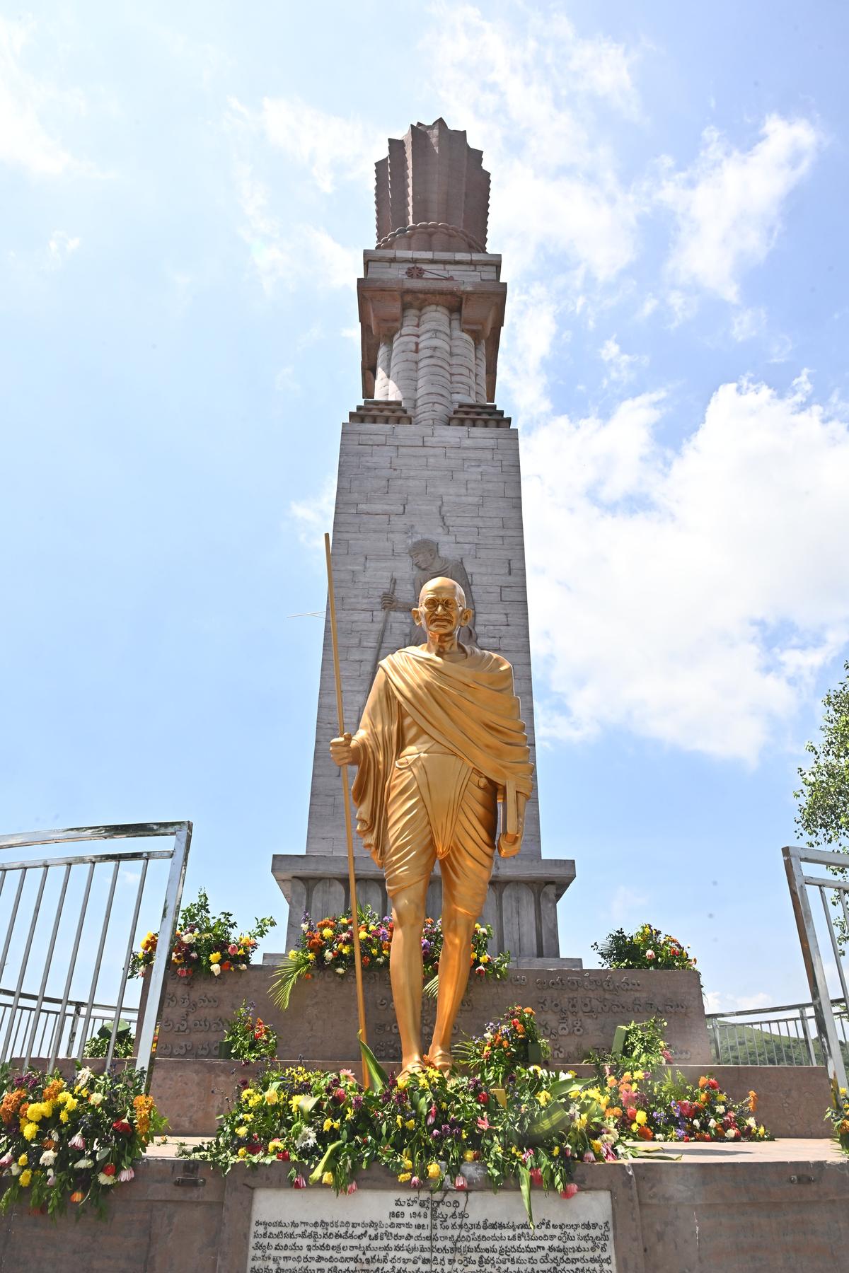 Refurbished Mahatma Gandhi statue at the entrance. 