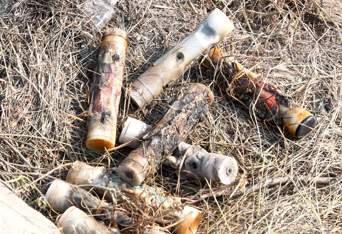 Remains of the tear gas canisters fired by the police at farmers on February 14, 2024. 