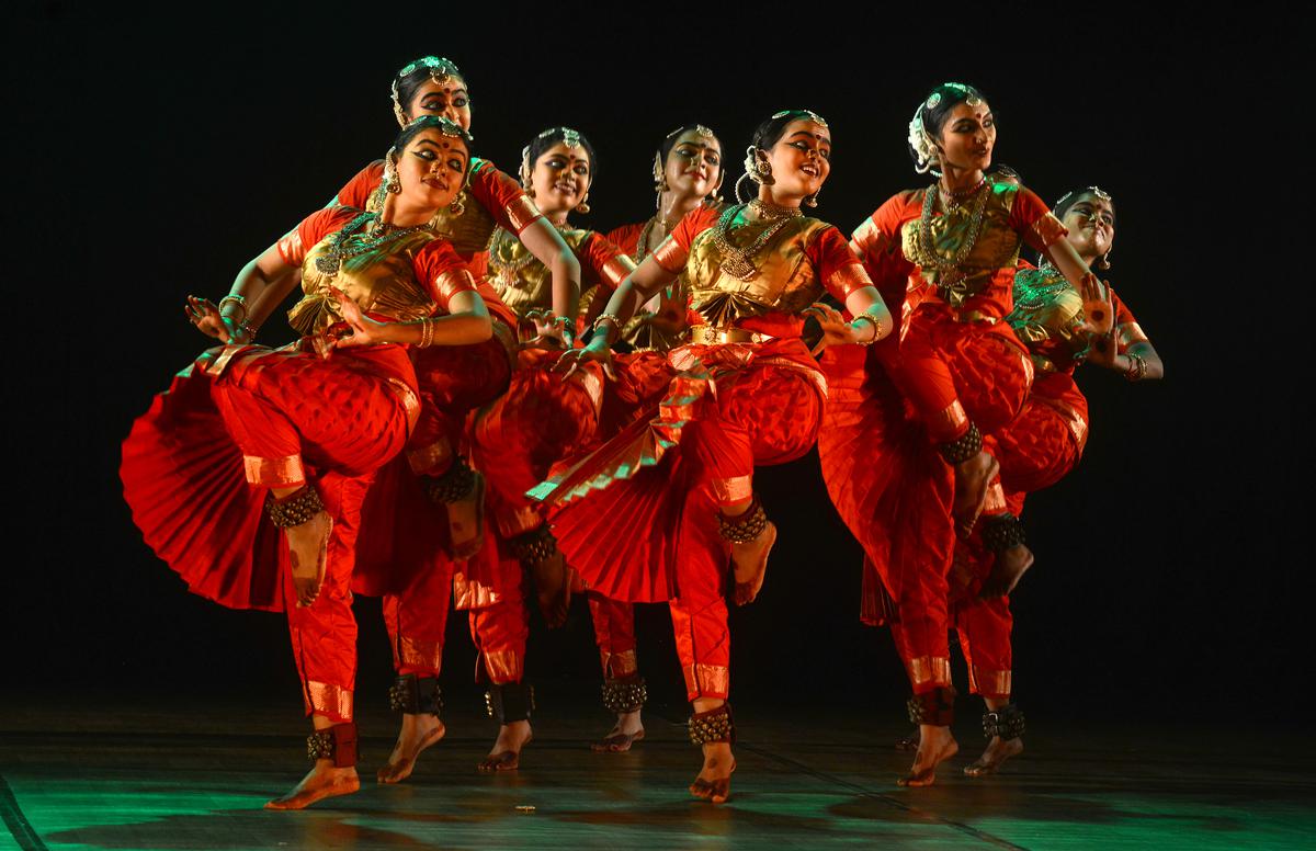 The high-energy nritta segment by a group of girls in flaming red and gold costumes during the premiering of Urmila Satyanaryanan’s ‘Thadathagai - The queen of Madurai’ at Narada Gana Sabha on December 16, 2023.