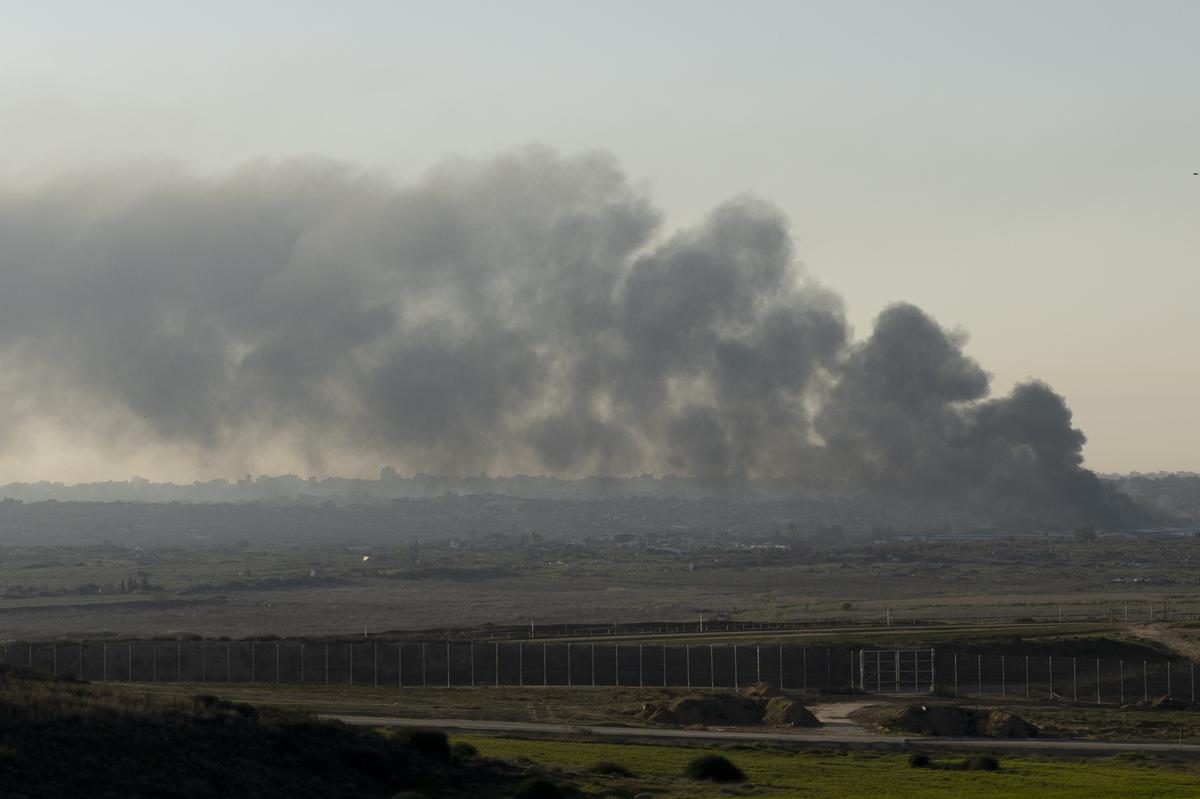 Smoke rise over the northern Gaza Strip as seen from a position on the Israeli side of the border on January 13, 2025 in Southern Israel, Israel.