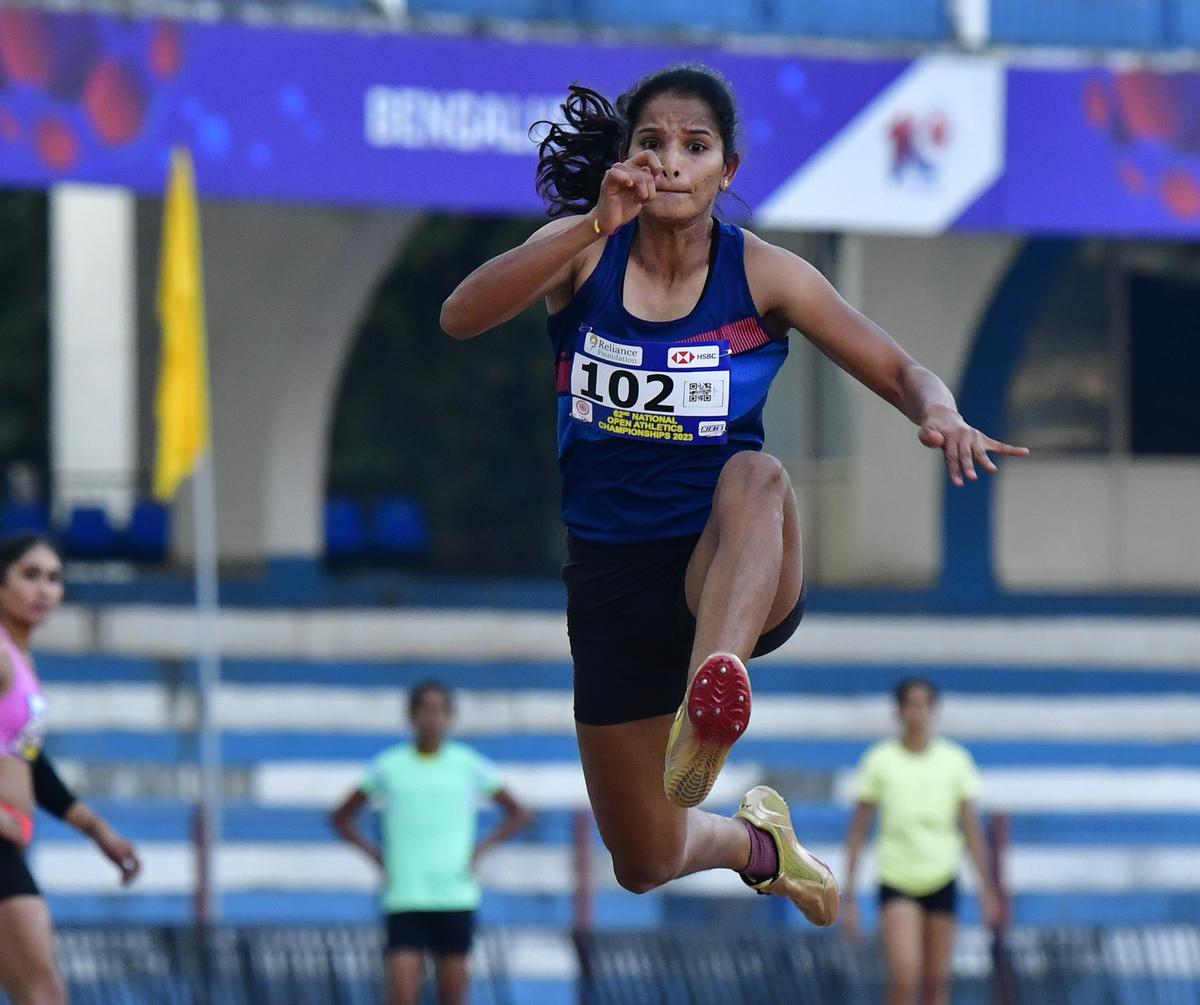 Mallala Anusha of Andhra Pradesh, winner of the women’s triple jump, in action, during the 62nd National Open Athletics Championships 2023, at Sree Kanteerava Stadium, in Bengaluru on October 13, 2023.
