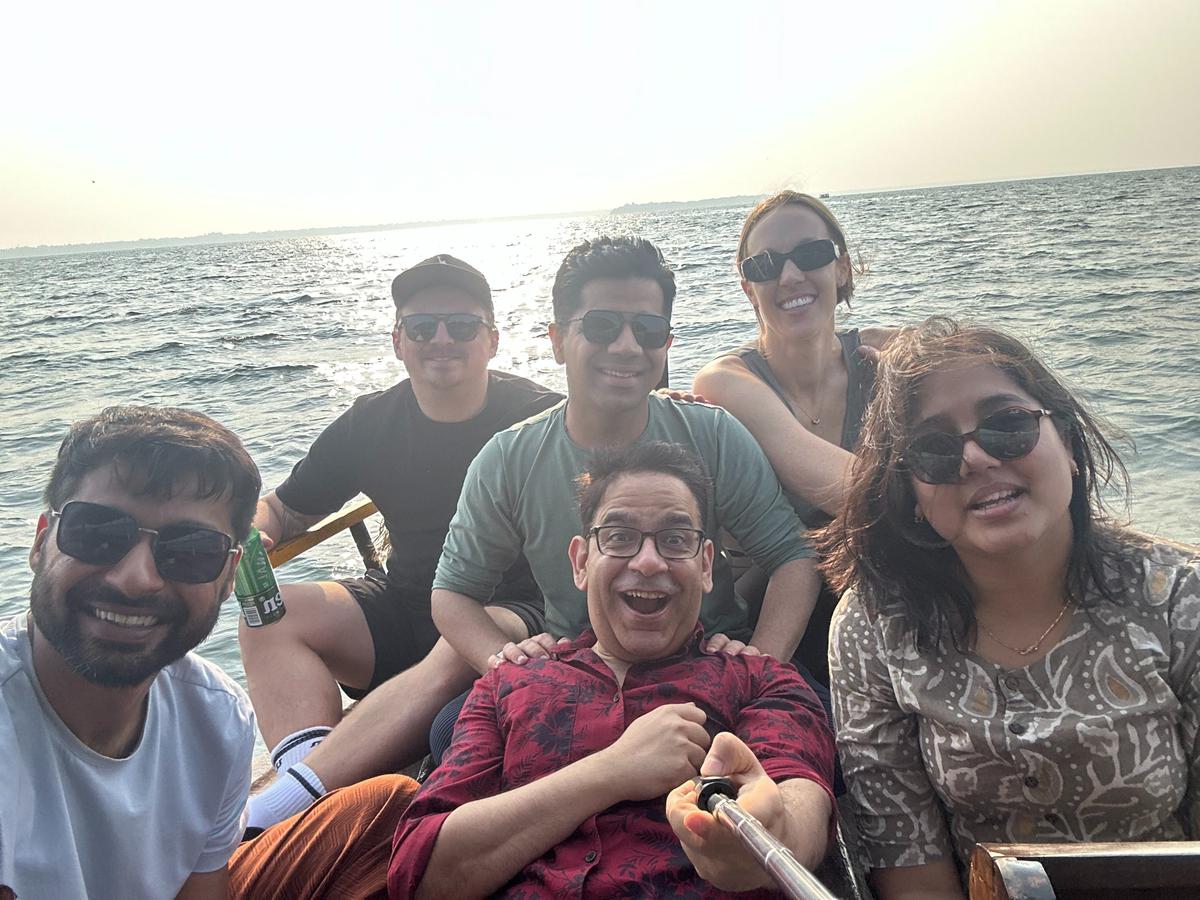 Commentators - C Michel, Levi Lett, Aatish Thukral, Manish Batavia and Sunil Taneja - on a boat trip in Alappuzha to the final of the Prime Volleyball League, 2023  