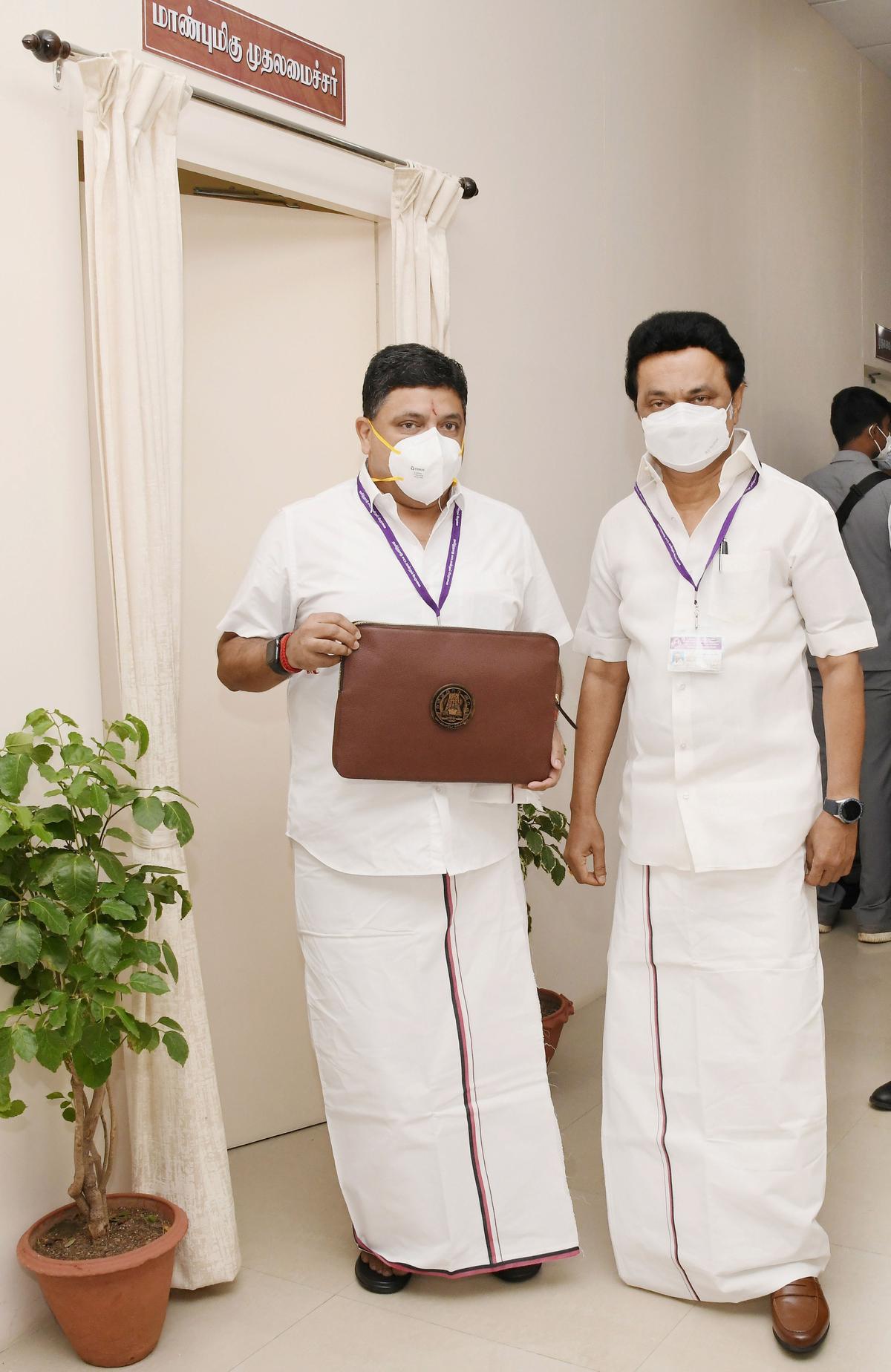 Tamil Nadu Chief Minister M.K. Stalin with Finance Minister Palanivel Thiaga Rajan before the presentation of the State Budget in the Assembly on August 13, 2021