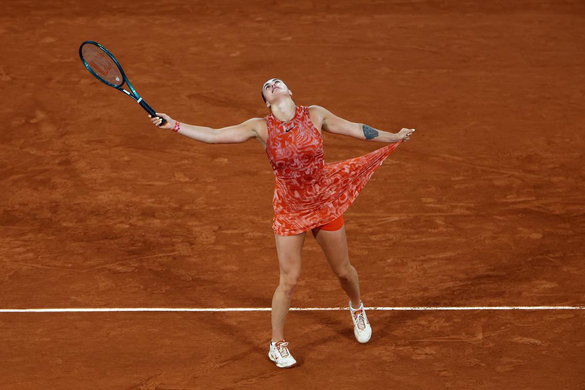 Belarus’ Aryna Sabalenka celebrates after winning her second round match against Japan’s Moyuka Uchijima.