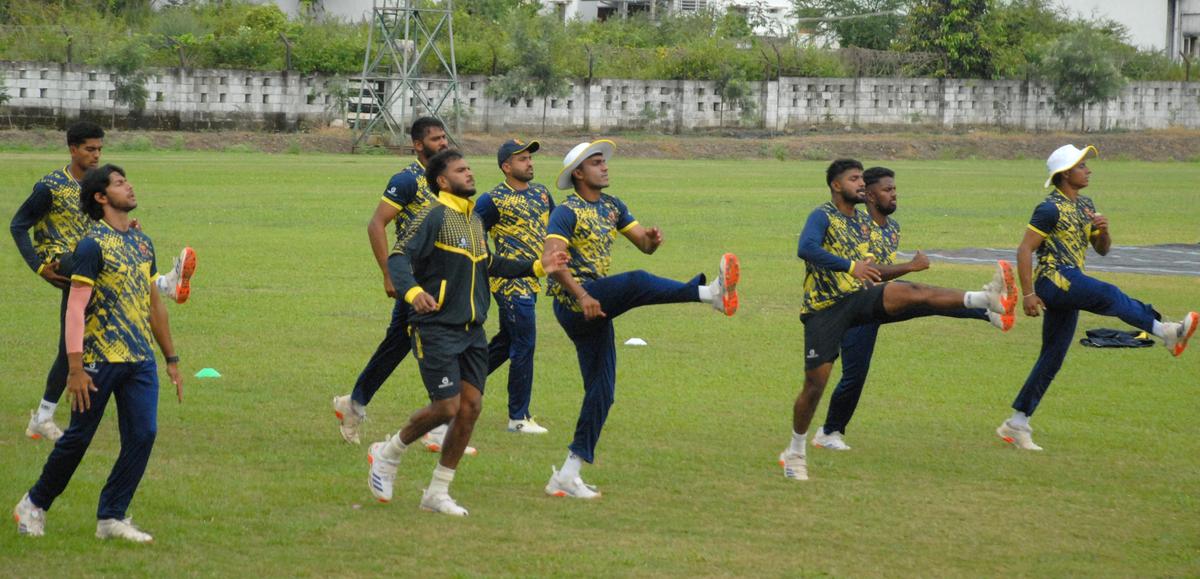 Karnataka players at a training session ahead of their Ranji Trophy match against Goa in Shivamogga on Friday, October 24, 2025. 