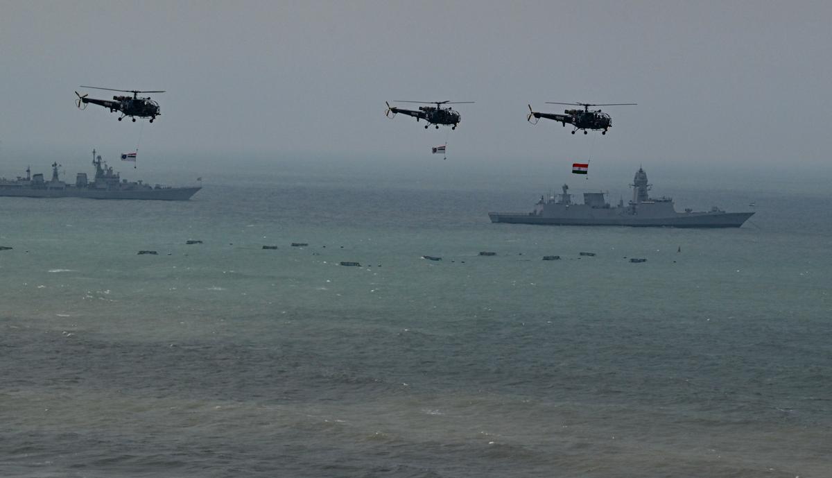 Naval helicopters rehearsing a flypast over RK Beach on Friday (June 20, 2025). Naval helicopters rehearsing a flypast over RK Beach on Friday (June 20, 2025).