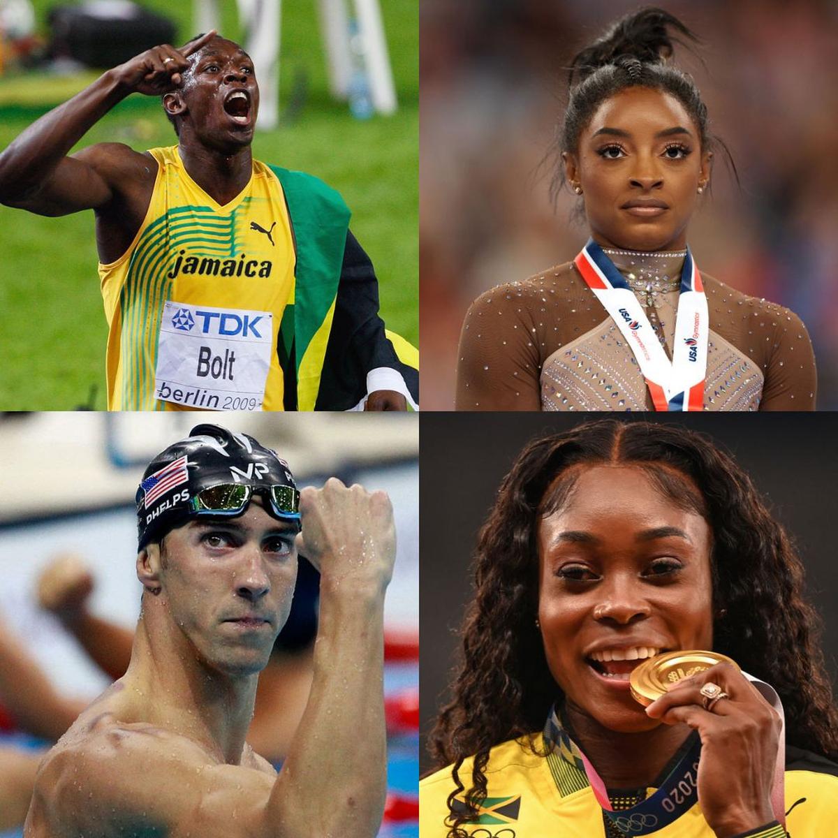 (Clockwise from top left) Athletes Usain Bolt, Simone Biles, Elaine Thompson-Herah and Michael Phelps. 