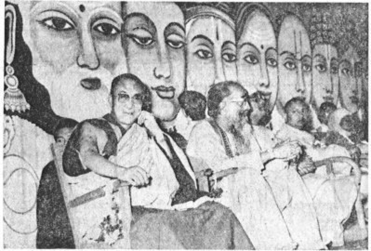 The Dalai Lama, Swami Chinmayananda (second from left) and other men on the dais in Allahabad in 1979.