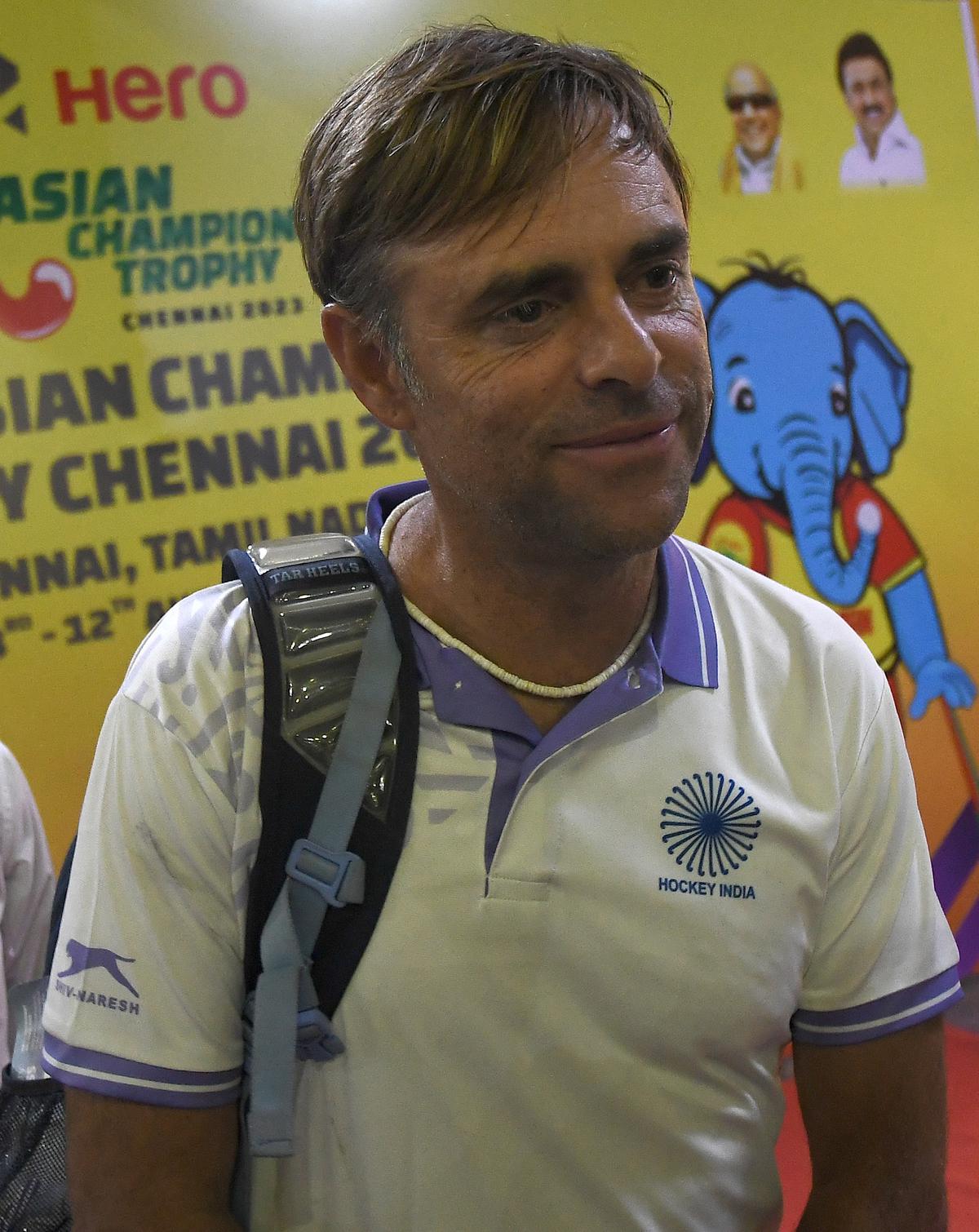 Craig Fulton, head coach of the Indian hockey team on arrival at the Chennai International Airport early morning on Tuesday for The Hero Asian Champions Trophy Chennai 2023.