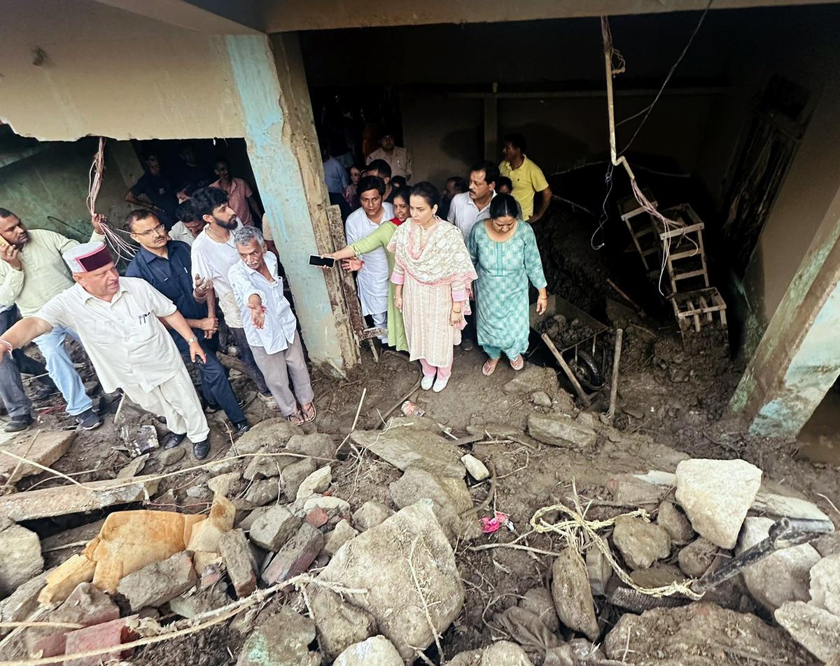 BJP MP Kangana Ranaut visits the areas affected by disaster to asses the damages, at Karsog in Mandi on July 6, 2025. Photo: X/@KanganaTeam via ANI