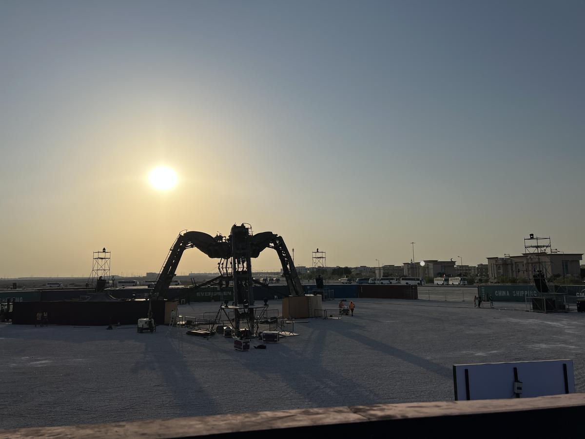 The fire-breathing 360-degree metal structure, Arcadia ‘Spider’, being set up in Doha for a music festival as part of the World Cup.