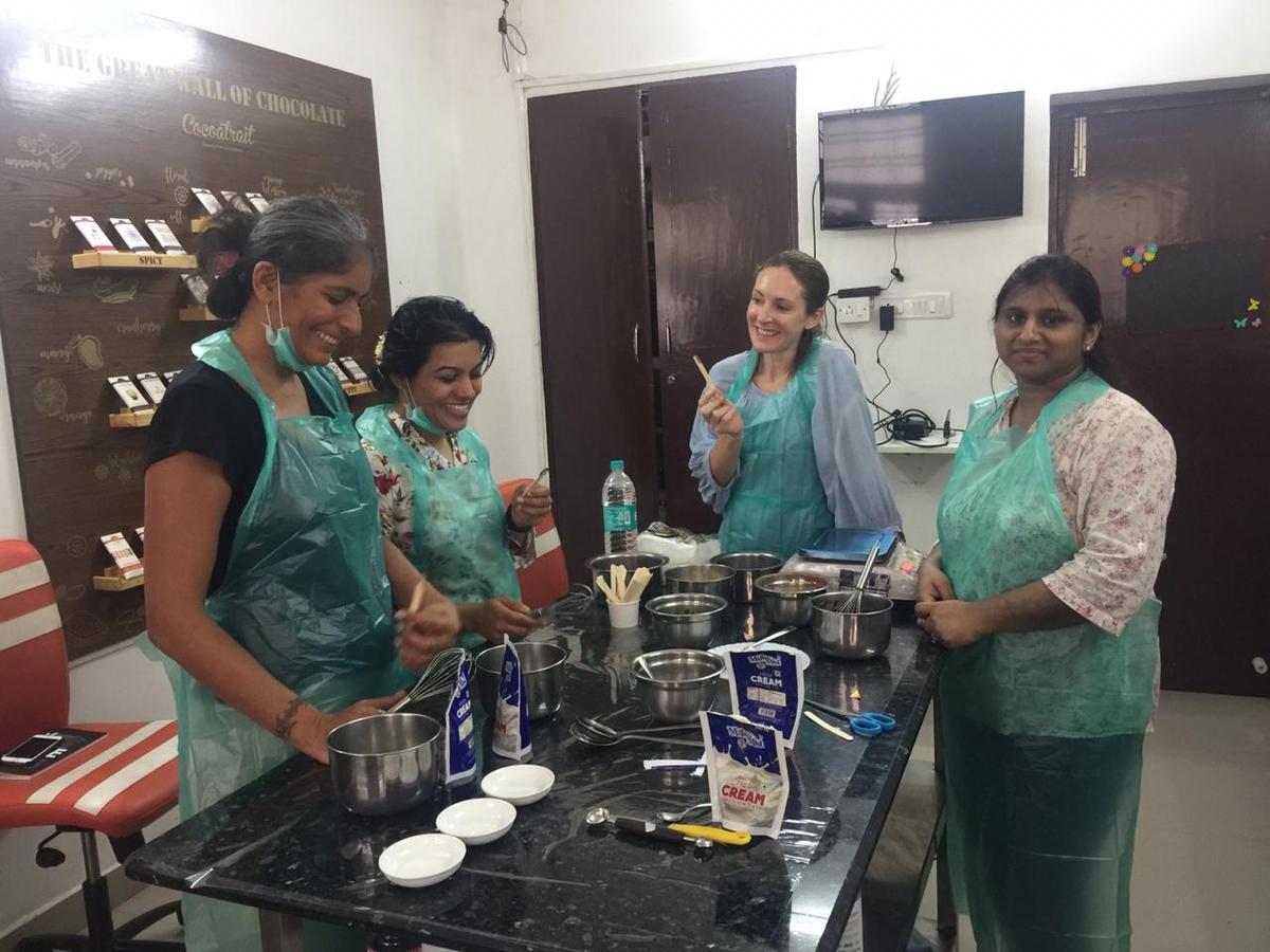 During a session at Cocoashala, a chocolate-making training academy being run alongside Kokoatrait at Gopalapuram, Chennai. Poonam Chordia is at the extreme right.