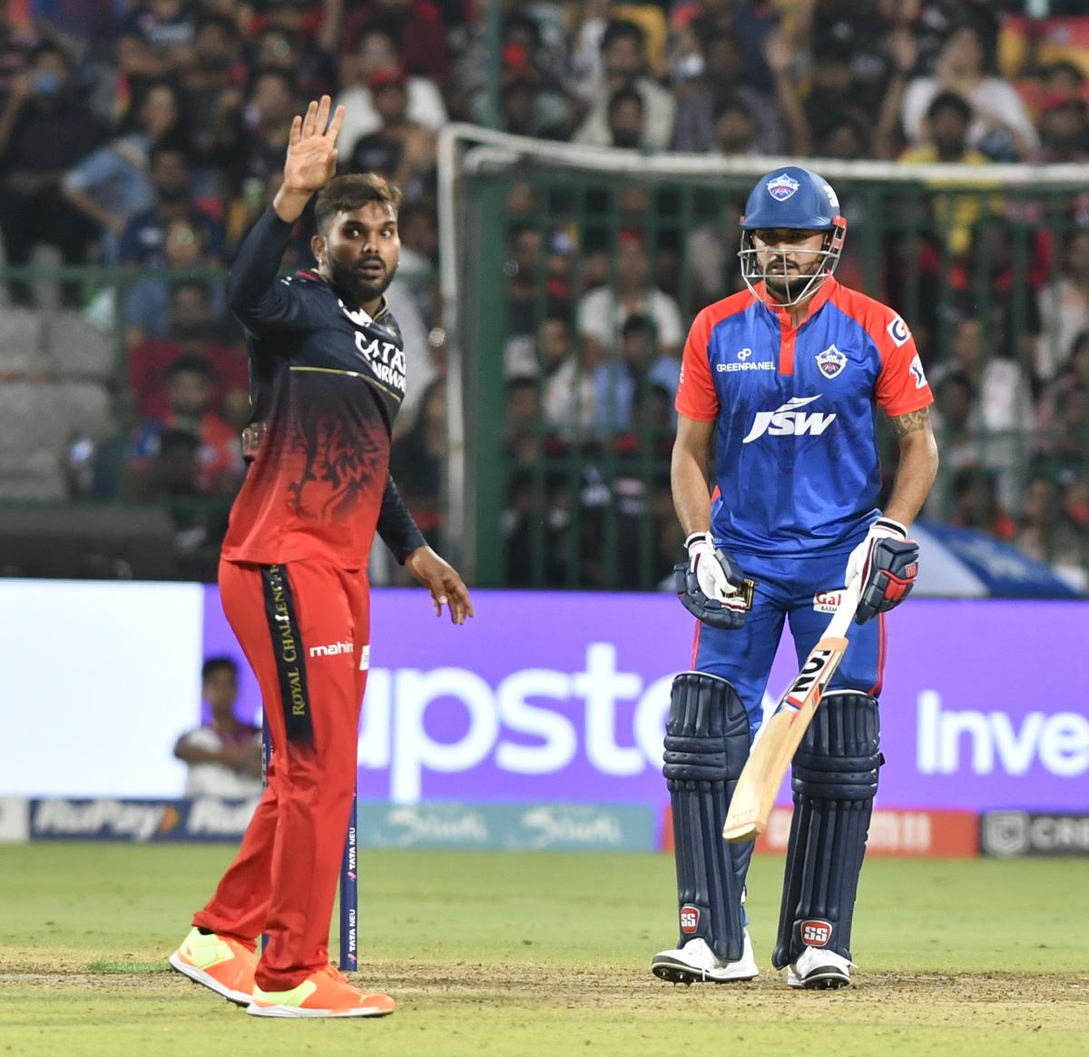 Hasaranga appeals successfully for lbw against Manish Pandey during the TATA IPL 2023 between Royal Challengers and Delhi Capitals at the M. Chinnaswamy stadium in Bengaluru  on April 15, 2023.