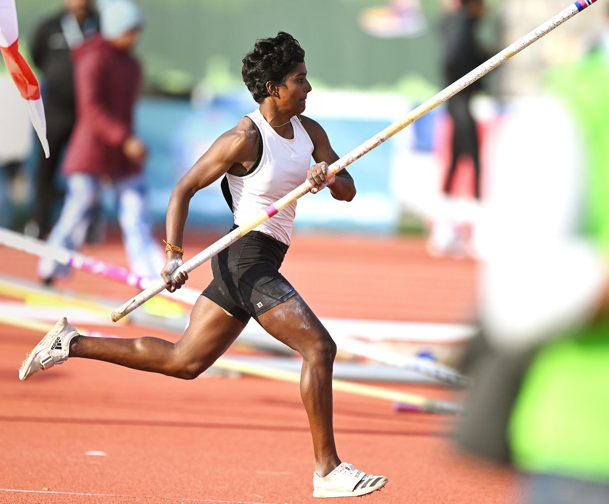 Pavithra Venkatesh of Tamil Nadu won gold in women’s pole vault at the 38th National Games in Dehradun on Saturday, 08 February 2025. 