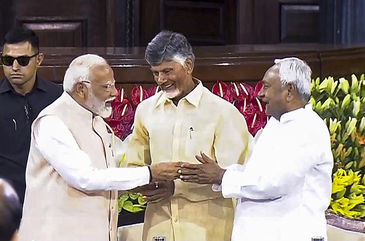 Narendra Modi with TDP chief N. Chandrababu Naidu and Bihar CM and JD(U) leader Nitish Kumar