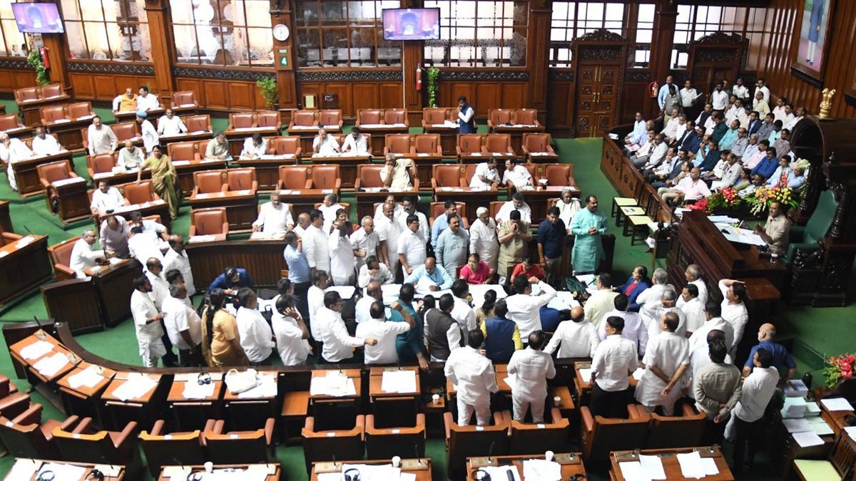 Pandemonium in Legislative Assembly as Speaker turns down BJP demand for discussion on 5 guarantees of Congress government