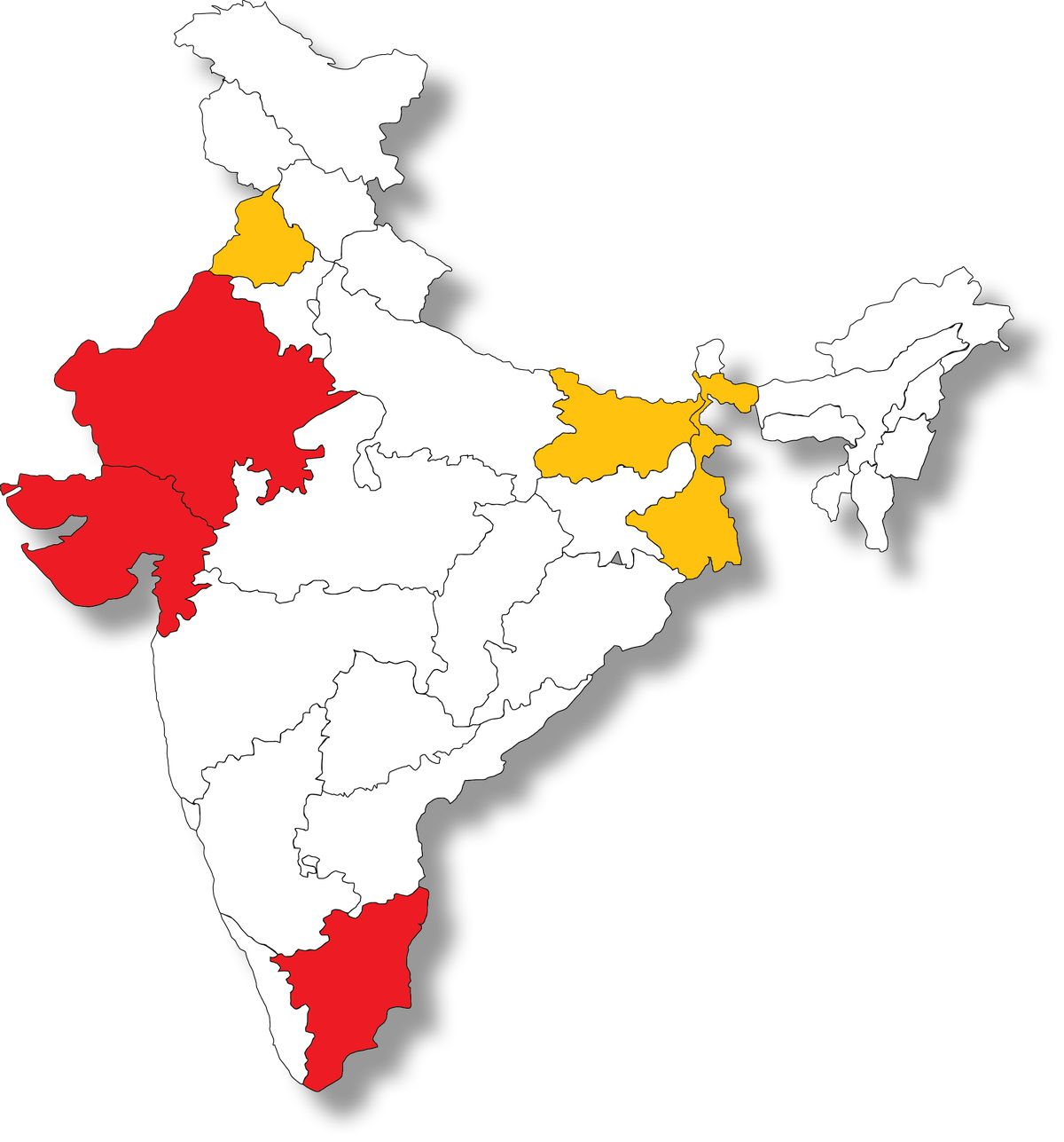 Groundwater availability in India: The map highlights regional disparities, with red-marked states (Rajasthan, Gujarat, and Tamil Nadu) experiencing severe water stress due to low recharge rates and over-extraction, while yellow-marked states (Punjab, Bihar, and West Bengal) have better groundwater reserves but face depletion risks due to excessive withdrawal for agriculture.