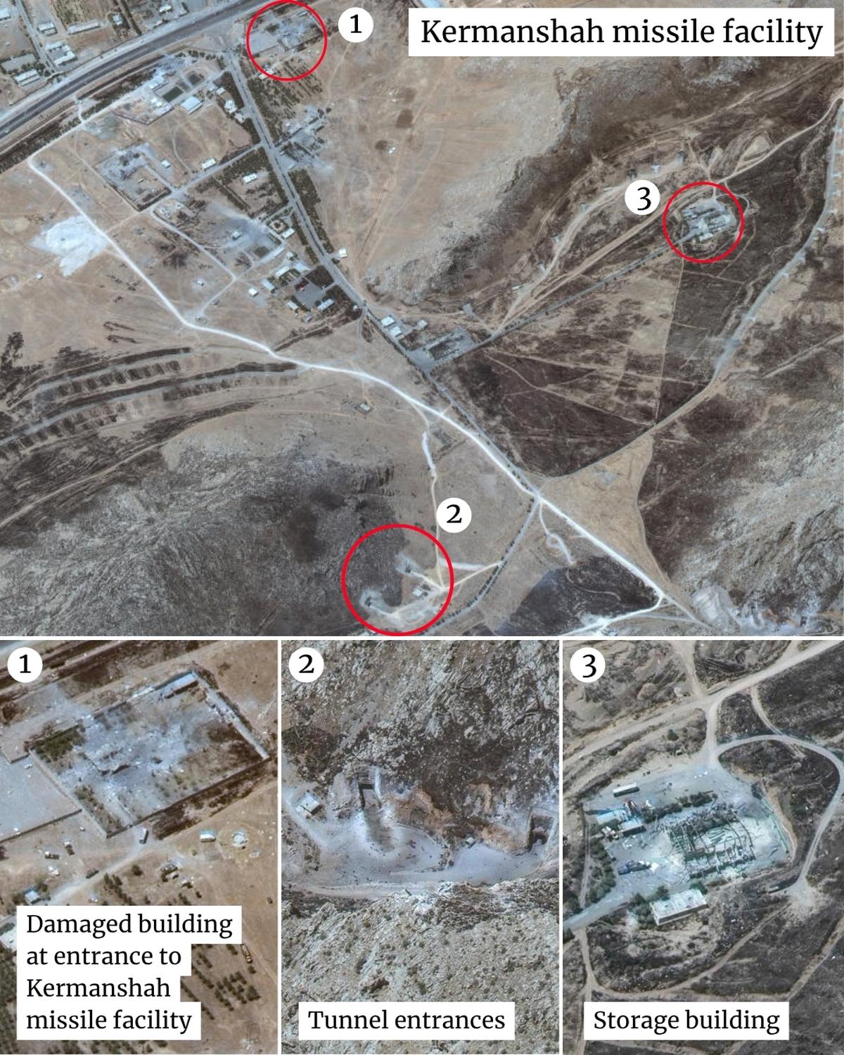 Satellite images released by Planet Labs on June 15, 2025, show damaged facilities at Kermanshah missile facilities, western Iran on June 15, 2025. Satellite images released by Planet Labs on June 15, 2025, show damaged facilities at Kermanshah missile facilities, western Iran on June 15, 2025.