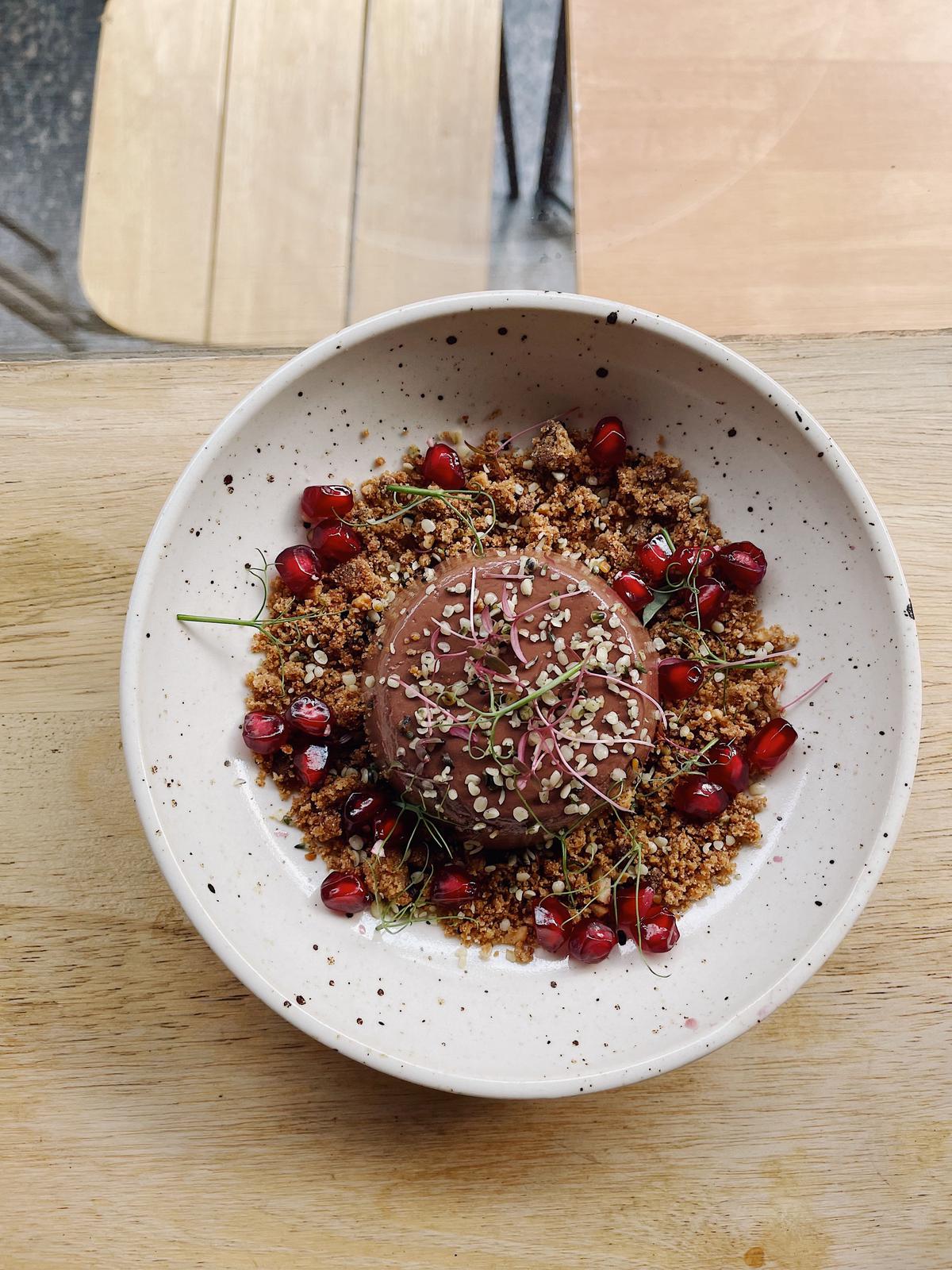 Chocolate mousse topped with hemp hearts at Copper + Cloves Cafe in Bengaluru.