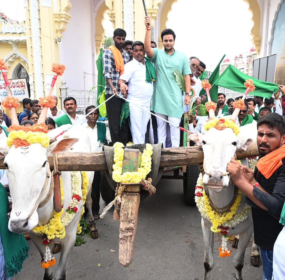 MP for Mysuru Yaduveer Krishnadatta Chamaraja Wadiyar taking a ride in a bullock cart during the farmers’ rally in Mysuru on Monday on the occasion of the National Farmers’ Day.