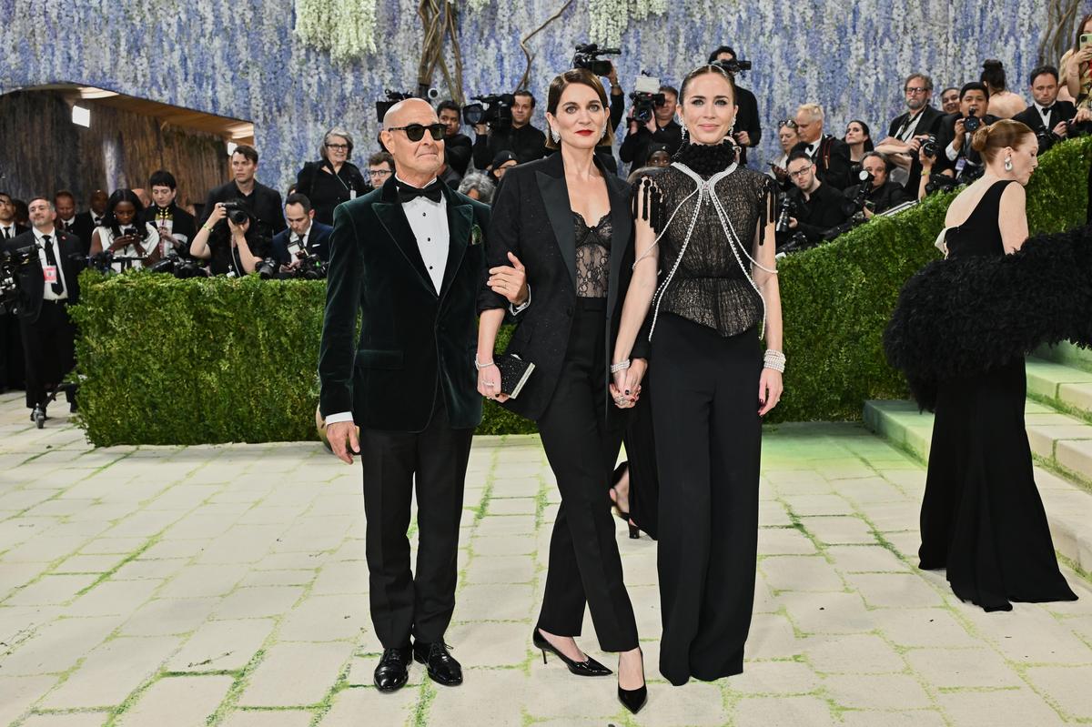 Stanley Tucci, from left, Felicity Blunt, and Emily Blunt arrive at The Metropolitan Museum of Art's Costume Institute benefit gala celebrating the opening of the 'Costume Art' exhibition on Monday, May 4, 2026, in New York.