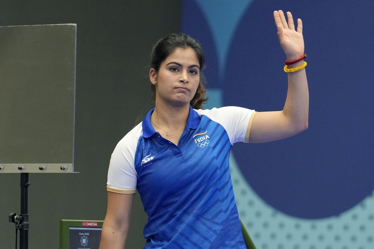 India’s Manu Bhaker reacts after getting eliminated from the 25m pistol women’s final at the 2024 Summer Olympics on August 3, 2024.