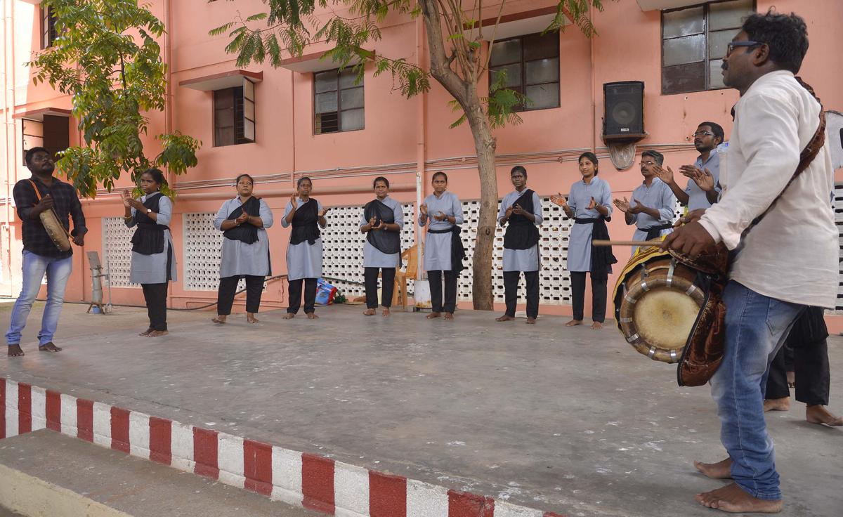     Artists performing during a rehearsal for the COVID awareness street theatre programme at Sankara Vidyalaya School, ECR, Puducherry.