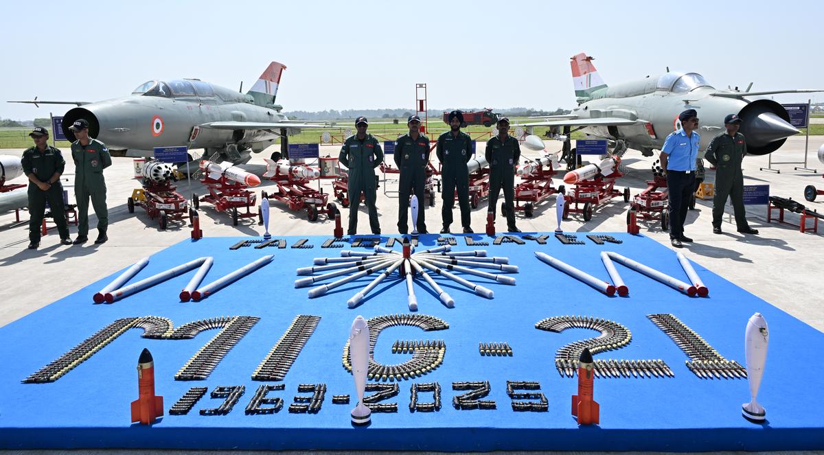 MIG 21 Aircraft during its retirement ceremony after completing service of around 62years at the Chandigarh Airbase in Punjab on September 26, 2025.  