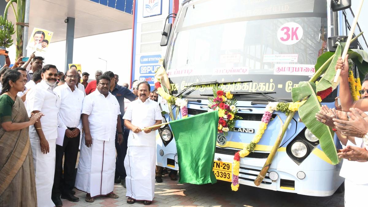 T.N. Ministers inaugurate 63 Magalir Vidiyal Payanam buses and a fuel retail outlet in Salem