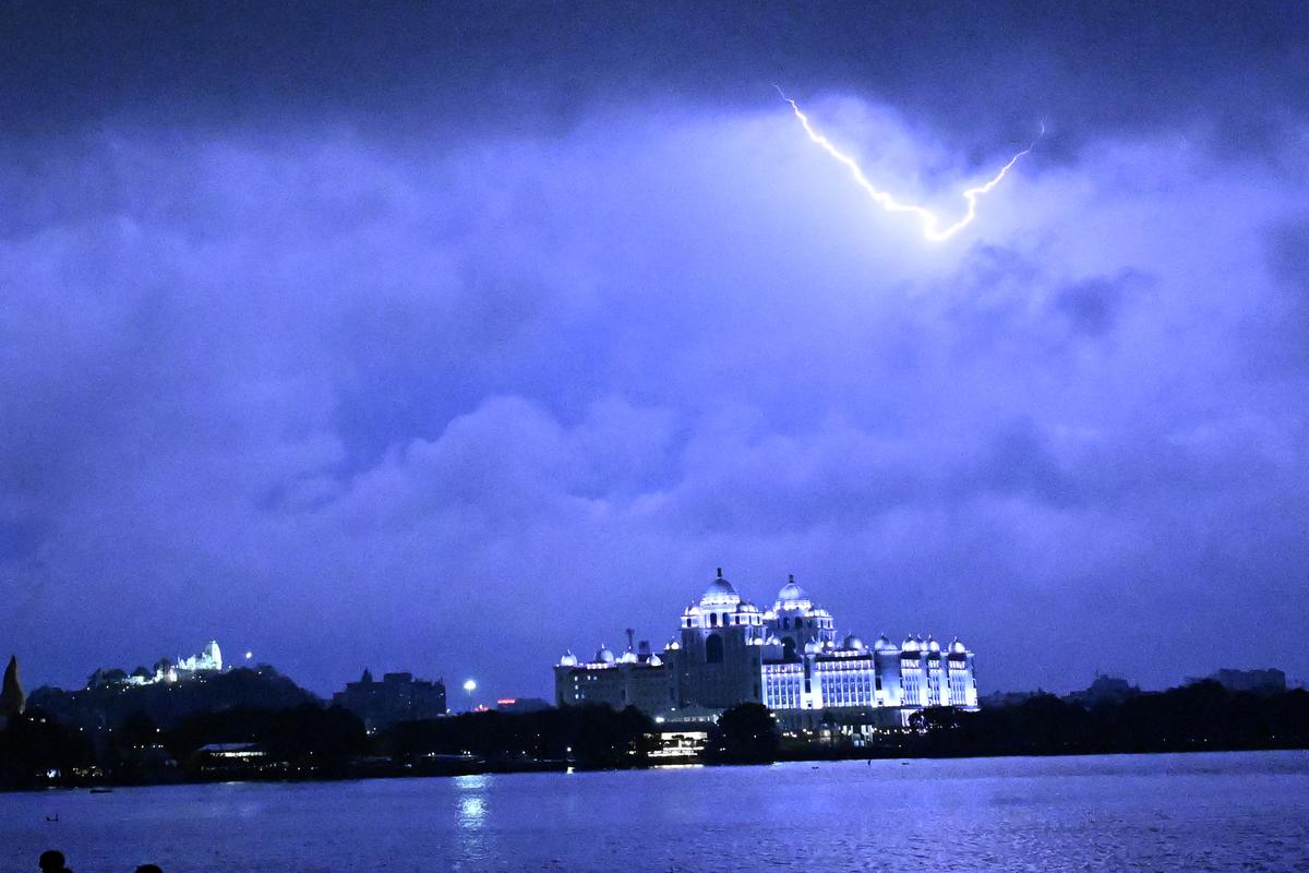 Lightning strike at the State Secretariat complex following the heavy rain which lashed the city on Tuesday evening. 